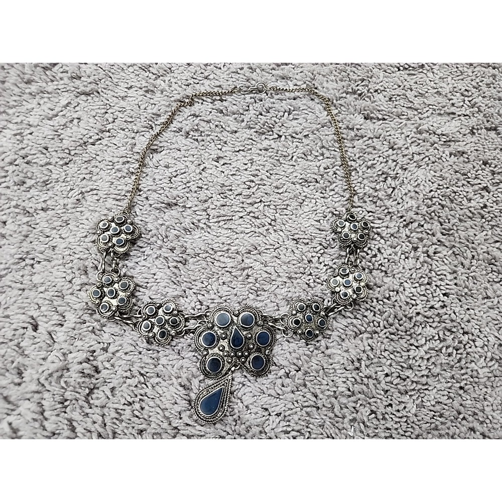 Bib Necklace Womens 22" Blue Silver Tone Floral Teardrop Boho Statement